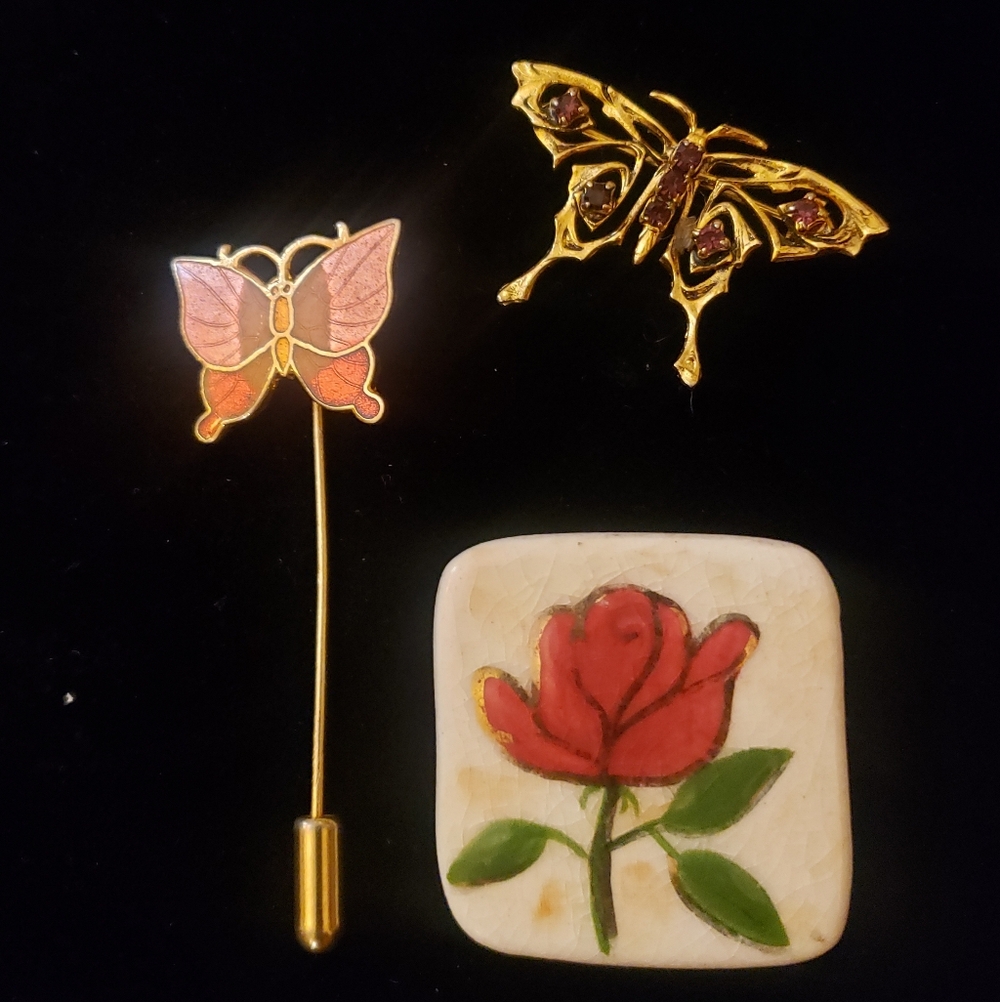 Gorgeous Vintage Nature Pin Bundle: KB Design 1996 Rose & 2 Unique Butterflies